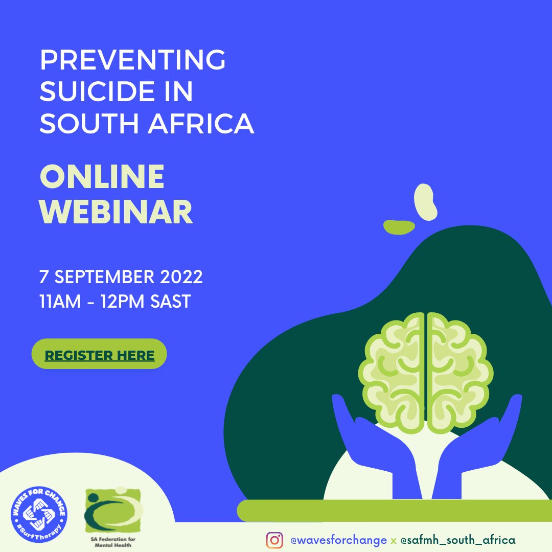 One week left until the Suicide Prevention in South Africa webinar. Join us on by registering through the link below on the 7th of September at 11 am SAST for this important conversation. us06web.zoom.us/meeting/regist… #MentalHealth #SimunyeSisonke #W4C #SAFMH #PreventSuicide #SDG3