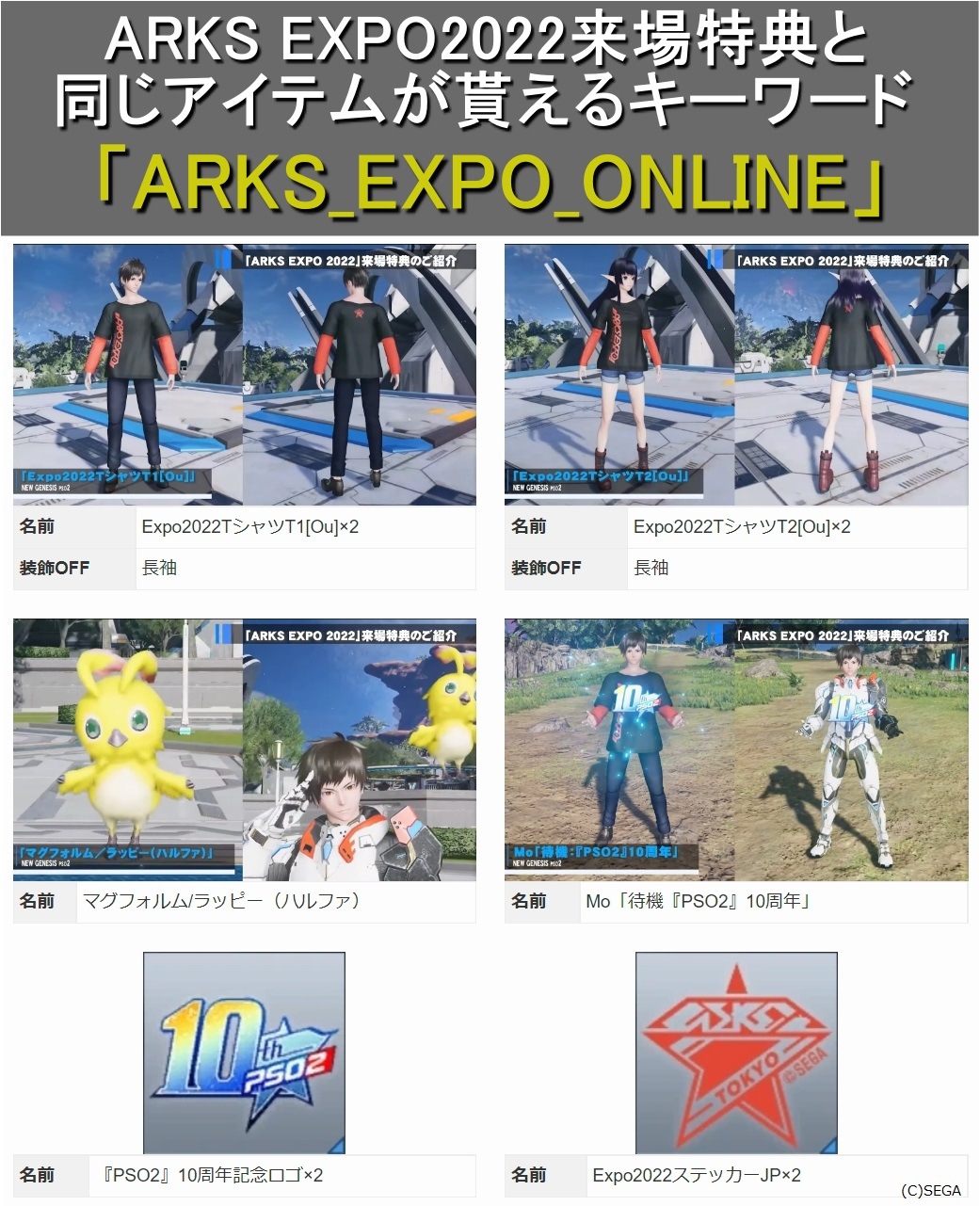 PSO2 NGS ARKS EXPO 2022 アークスエキスポ 入場特典コード 来場者特典アイテム｜ARKS EXPO 2022｜『PSO2 ニュージェネシス