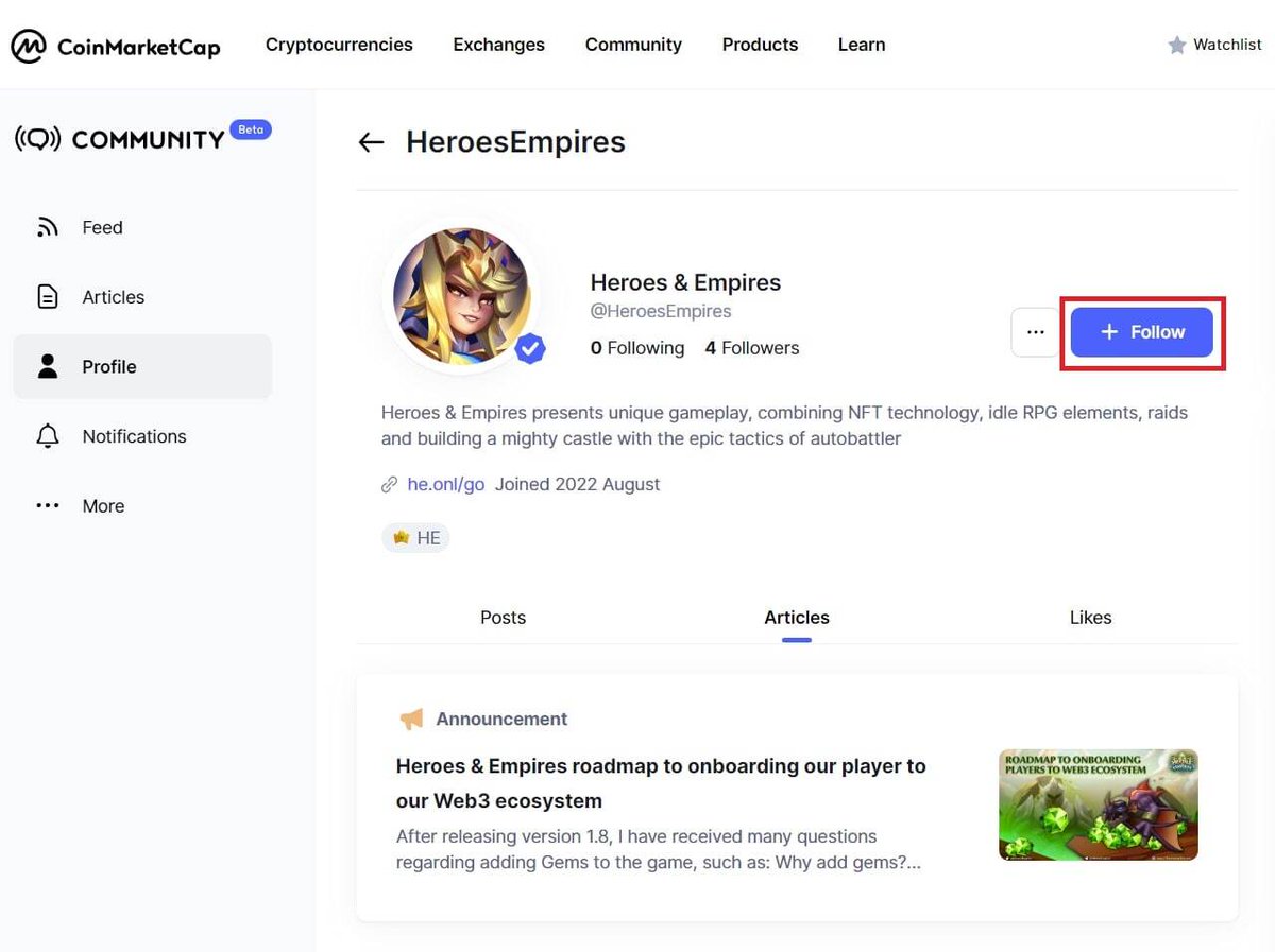 BexlyApp's tweet image. Heroes &amp;amp; Empires verified on CoinMarketCap

H&amp;amp;E is currently developing a new CMC community channel, and we will continue to update useful information about the H&amp;amp;E ecosystem. This is an excellent starting point for promoting the game project in the international market.
