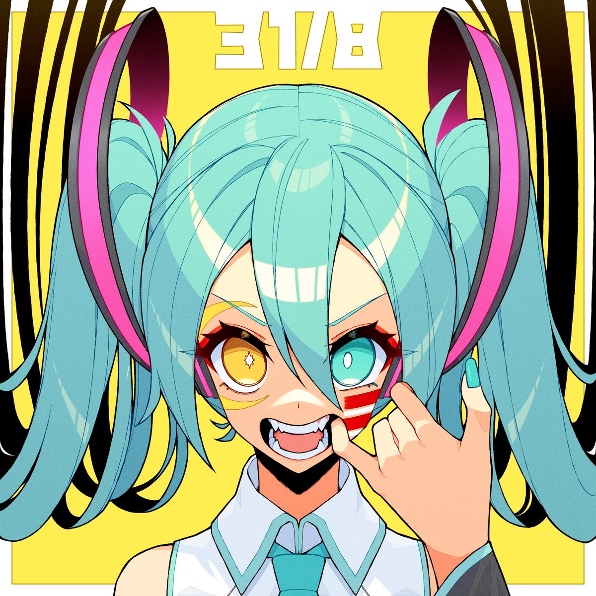 hatsune miku 1girl solo twintails necktie open mouth heterochromia yellow background  illustration images