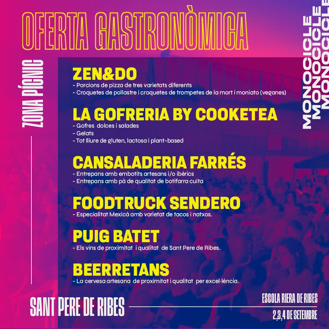 Quina ofertassa per jalar i beure, cantar i treure! les pizzes i croquetes de Zen&amp;Do, els entrepans boníssims d’embotit artesà de la Boqueria Farrés, els natxos i tacos del Foodtruck Sendero, gelats i gofres cookTea, vins i birra artesana de proximitat puigbatet i beerretans♥️🤘🏽