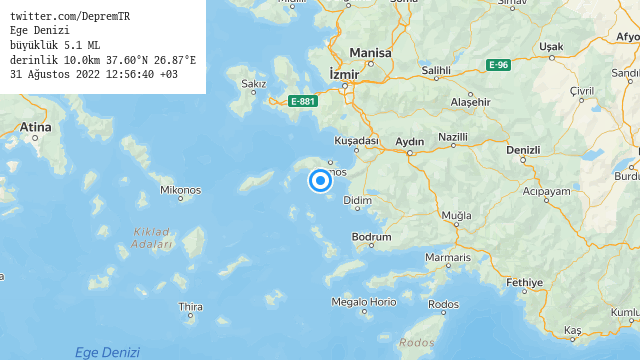 DepremTR's tweet photo. Ege Denizi
büyüklük 5.1 ML (3 dk önce)
derinlik 10.0km 37.60°N 26.87°E
31 Ağustos 2022 12:56:40 +03
#deprem https://t.co/Qo86UEw0Yj