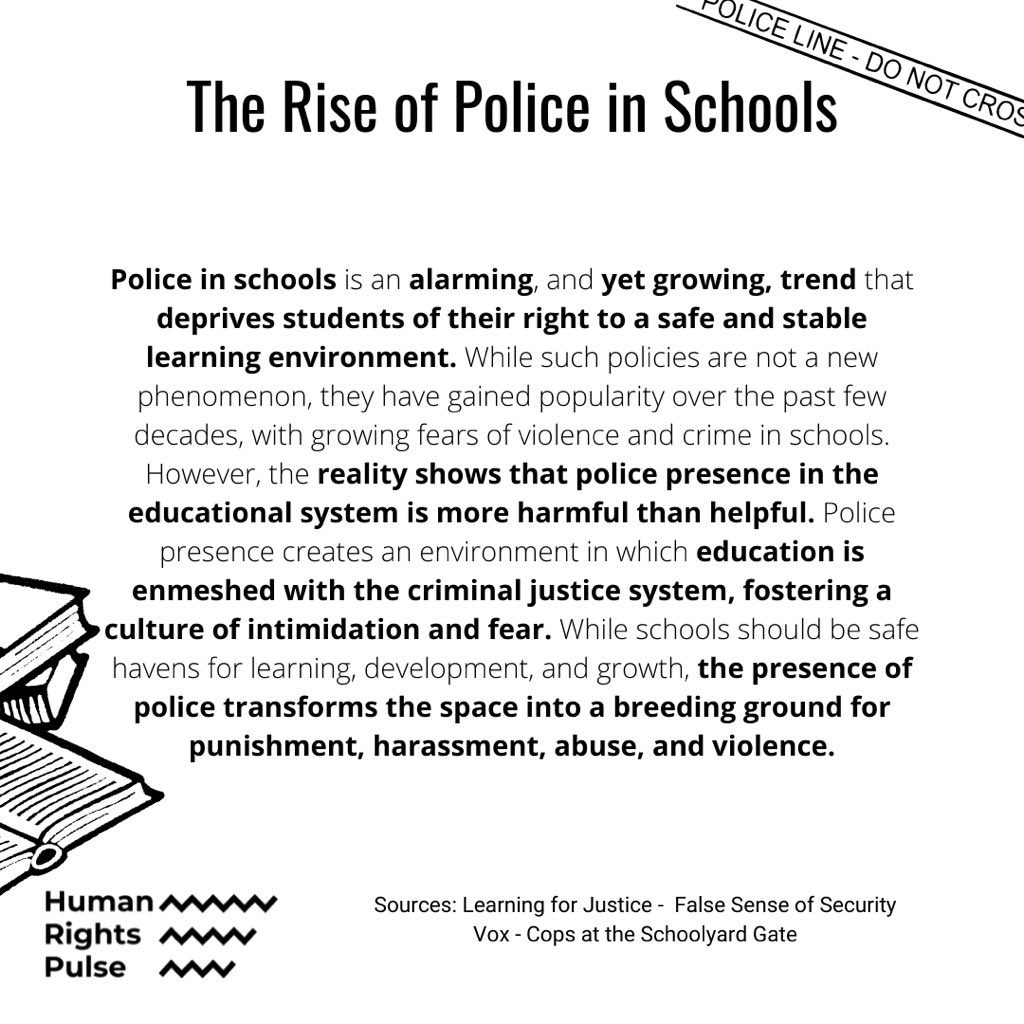 PulseHuman's tweet photo. Despite studies showing that police presence in the educational system is more harmful than helpful, there is an increasing amount of police in schools. Police presence turns school from a safe growth space to one enmeshed with the criminal justice system, breeding fear. https://t.co/aqKkCTpVJM