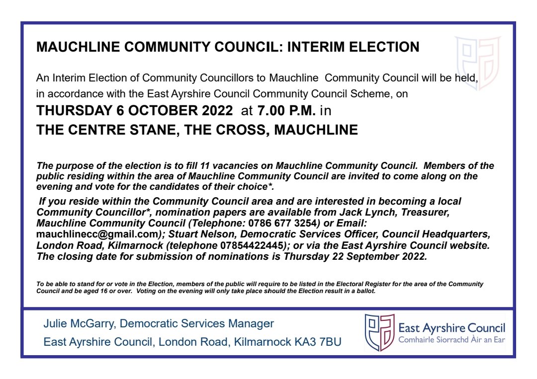 Heather McVie Branley (@branleymcvie) on Twitter photo Notice of Mauchline Community Council Interim Election, please come along and help make a difference in a thriving community <a href="/MauchlineCC/">Mauchline Community Council</a> <a href="/MauchlineHF/">Mauchline Holy Fair</a> <a href="/GroupMauchline/">Mauchline Community Action Group</a> <a href="/MauchlineParent/">Mauchline Primary Parent Council</a> Notice of Mauchline Community Council Interim Election, please come along and help make a difference in a thriving community <a href="/MauchlineCC/">Mauchline Community Council</a> <a href="/MauchlineHF/">Mauchline Holy Fair</a> <a href="/GroupMauchline/">Mauchline Community Action Group</a> <a href="/MauchlineParent/">Mauchline Primary Parent Council</a>