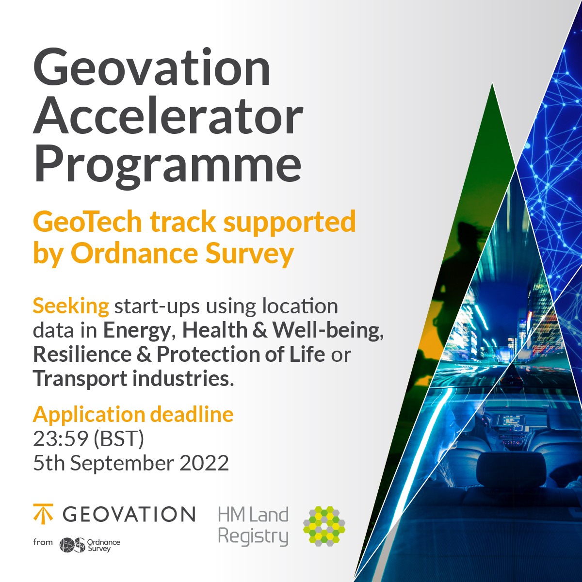 This year we’re looking for start-ups in Energy, Environment, Sustainability, Transport, Health and Well-being, and Resilience and Protection of life sectors to apply for the GeoTech track of our #AcceleratorProgramme🚀

Apply here: f6s.com/geovation-autu…