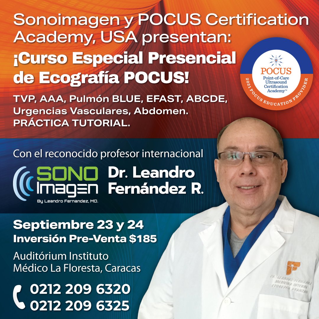 drleandroferna1's tweet photo. #Sonoimagen y #POCUS Certification Academy, USA presentan: ¡Curso Especial PRESENCIAL de #Ecografía POCUS! 

Dirigido, pero no limitado, a cirujanos, emergenciólogos, intensivistas, internistas, radiólogos, pediatras. 

Inscripciones 02122096320 y 02122096325 https://t.co/f2pXeKkfi0