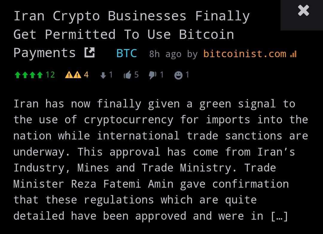 0xDrSam's tweet photo. Yay!!
Earlier this month Iran announced a $10 Miliion deal using crypto and smart contracts and now this, it's goooo bullish only! 🇮🇷
#IranCrypto #Bitcoin #BitcoinIran https://t.co/dXWnGMuQyS