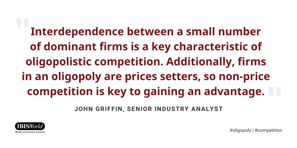 ibisworlduk's tweet photo. An #oligopoly is where a small number of sellers, producers or service providers exert significant control over prices and output, affecting #competition. Read our insight to find out more about how they work and discover some real-world examples: https://t.co/KFnu7Zus7D https://t.co/NIHWnD2VG9