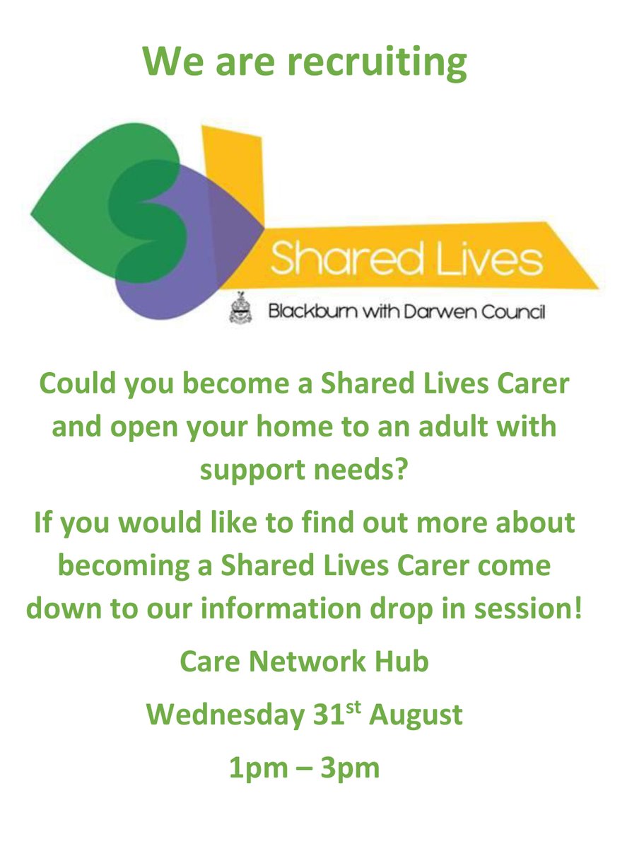 Care Network (@carenetworkuk) on Twitter photo This afternoon <a href="/CareNetworkUK/">Care Network</a>: Shared Lives Drop In Session...
Could you become a Shared Lives Carer? 🙌
#CareNetwork #SharedLives #BwD #carers #supportlocal #dropin #whatson #findoutmore #recruitment #opportunity This afternoon <a href="/CareNetworkUK/">Care Network</a>: Shared Lives Drop In Session...
Could you become a Shared Lives Carer? 🙌
#CareNetwork #SharedLives #BwD #carers #supportlocal #dropin #whatson #findoutmore #recruitment #opportunity
