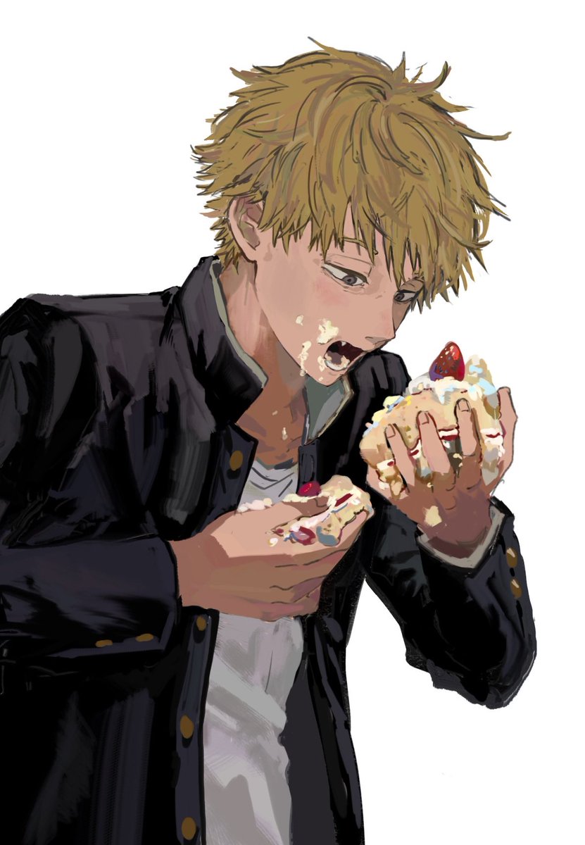 denji (chainsaw man) 1boy food blonde hair solo white background male focus simple background  illustration images