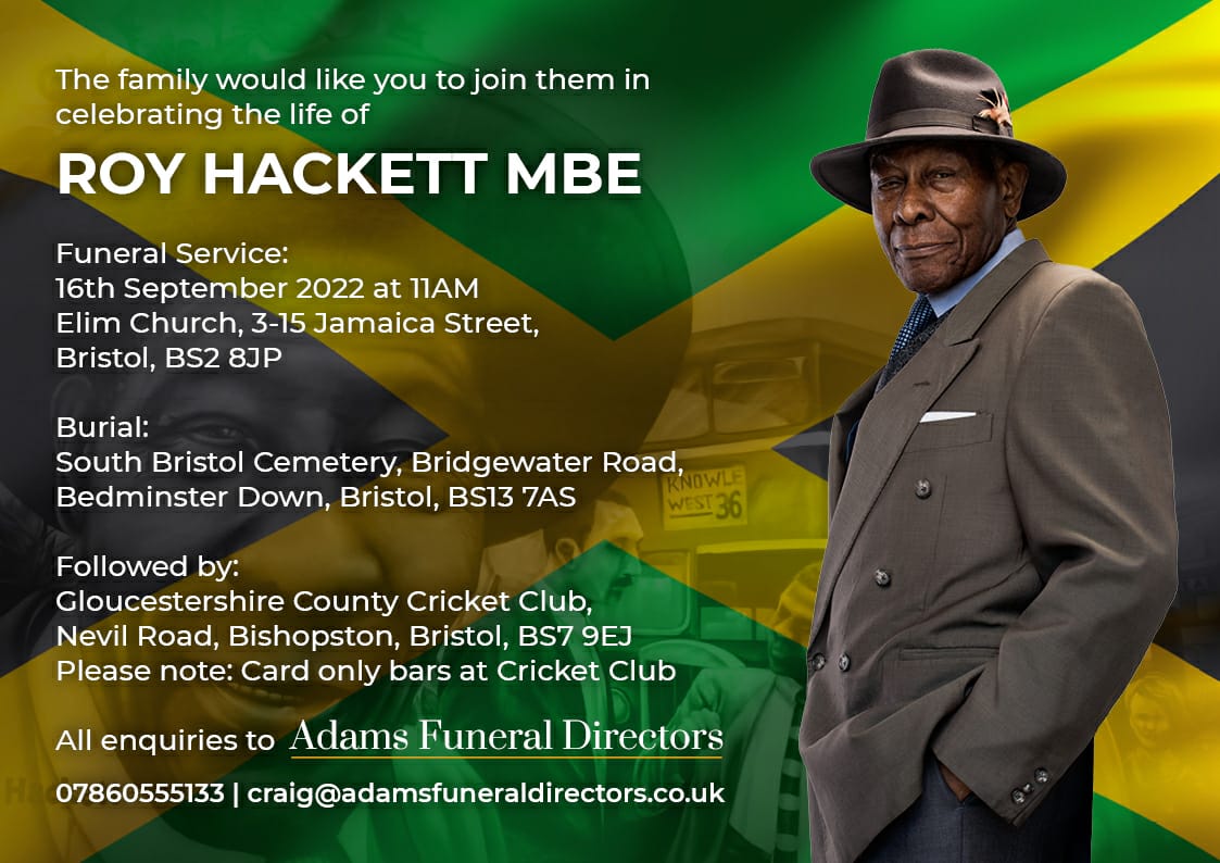 MXCCBristol's tweet photo. MXCC sharing on behalf of his family:

Please join the family for the funeral to honour the life of Roy Hackett MBE.

FRIDAY 16TH OF SEPTEMBER 2022 AT 11AM

#Bristol #MXCC https://t.co/pYjP8ScHUb