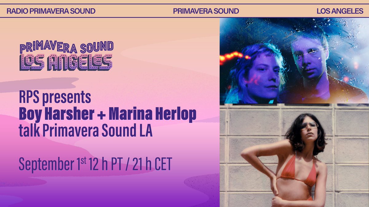 Radio Primavera Sound (@radioprimavera_) on Twitter photo Welcoming 🌴RPS talks #PrimaveraSoundLA🌴 a series on @TwitterSpaces where artists playing @Primavera_LA_ will join us to talk about the festival, music & more!
First up, <a href="/BoyHarsher/">Boy Harsher</a> + <a href="/marinaherlop/">Marina Herlop</a>🖤
📅Sep 1st @ 12h PT/ 21h CET
👉Set your reminder here: bit.ly/3e5IXMK Welcoming 🌴RPS talks #PrimaveraSoundLA🌴 a series on @TwitterSpaces where artists playing @Primavera_LA_ will join us to talk about the festival, music & more!
First up, <a href="/BoyHarsher/">Boy Harsher</a> + <a href="/marinaherlop/">Marina Herlop</a>🖤
📅Sep 1st @ 12h PT/ 21h CET
👉Set your reminder here: bit.ly/3e5IXMK