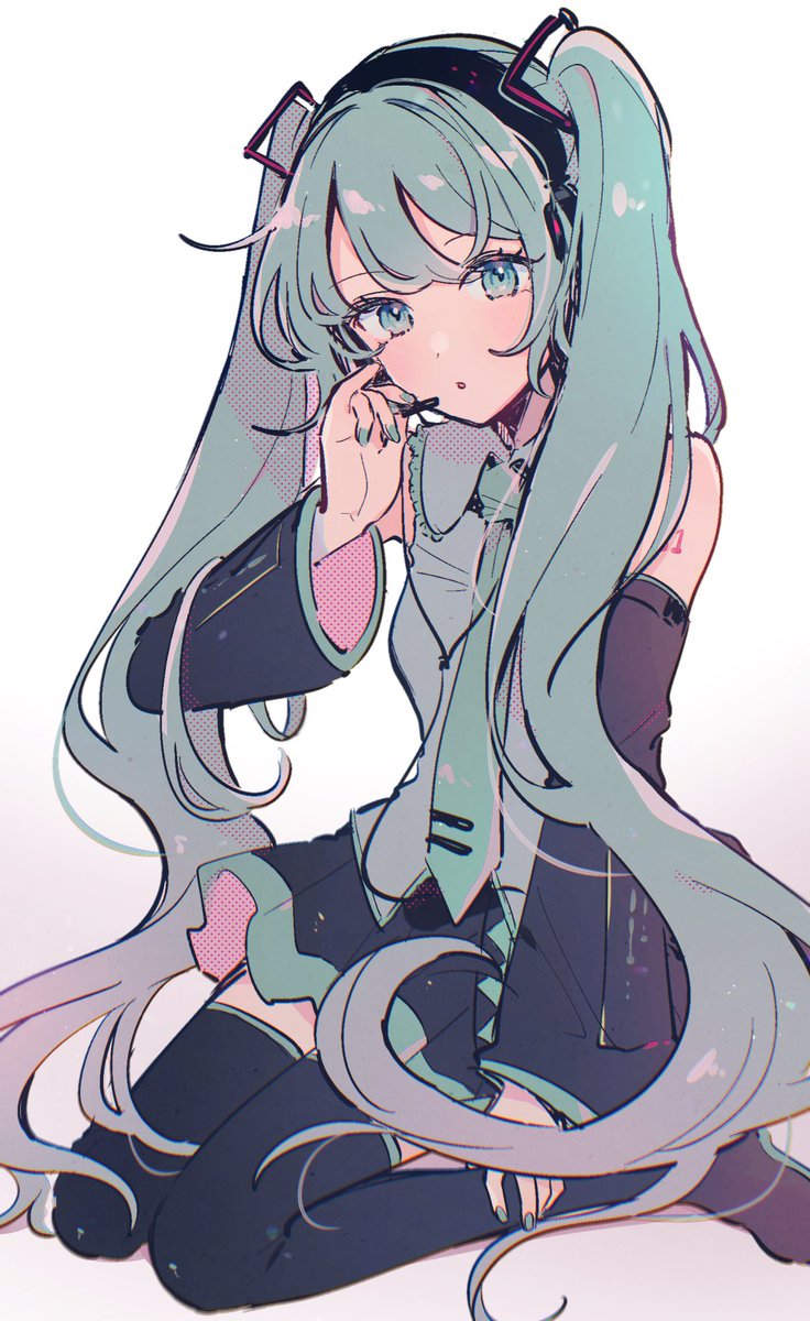 hatsune miku 1girl solo twintails long hair necktie detached sleeves headset  illustration images