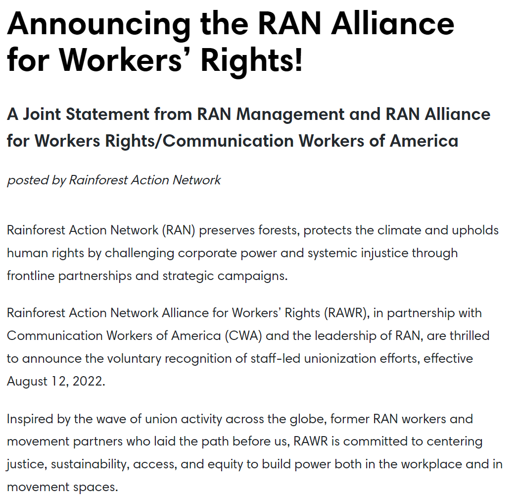 RAWR_Union's tweet photo. Workers at @RAN have unionized! We're thrilled to announce that Rainforest Action Network Alliance for Workers Rights (RAWR) has received voluntary recognition from RAN leadership! We'll be committed to building a just, sustainable, &amp; equitable workplace. https://t.co/thnYCdTQ2Q https://t.co/LnriNCZcLU
