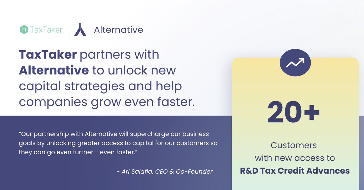Alt_Payments's tweet photo. Another new partner to highlight! Ari Salafia and the team at @goTaxTaker  are on a mission to simplify R&amp;D tax credits and Employee Retention Credits for startups, putting more cash in the bank for companies to spend on growth. We're partnering with TaxTaker to... https://t.co/EYHn8lrXVR