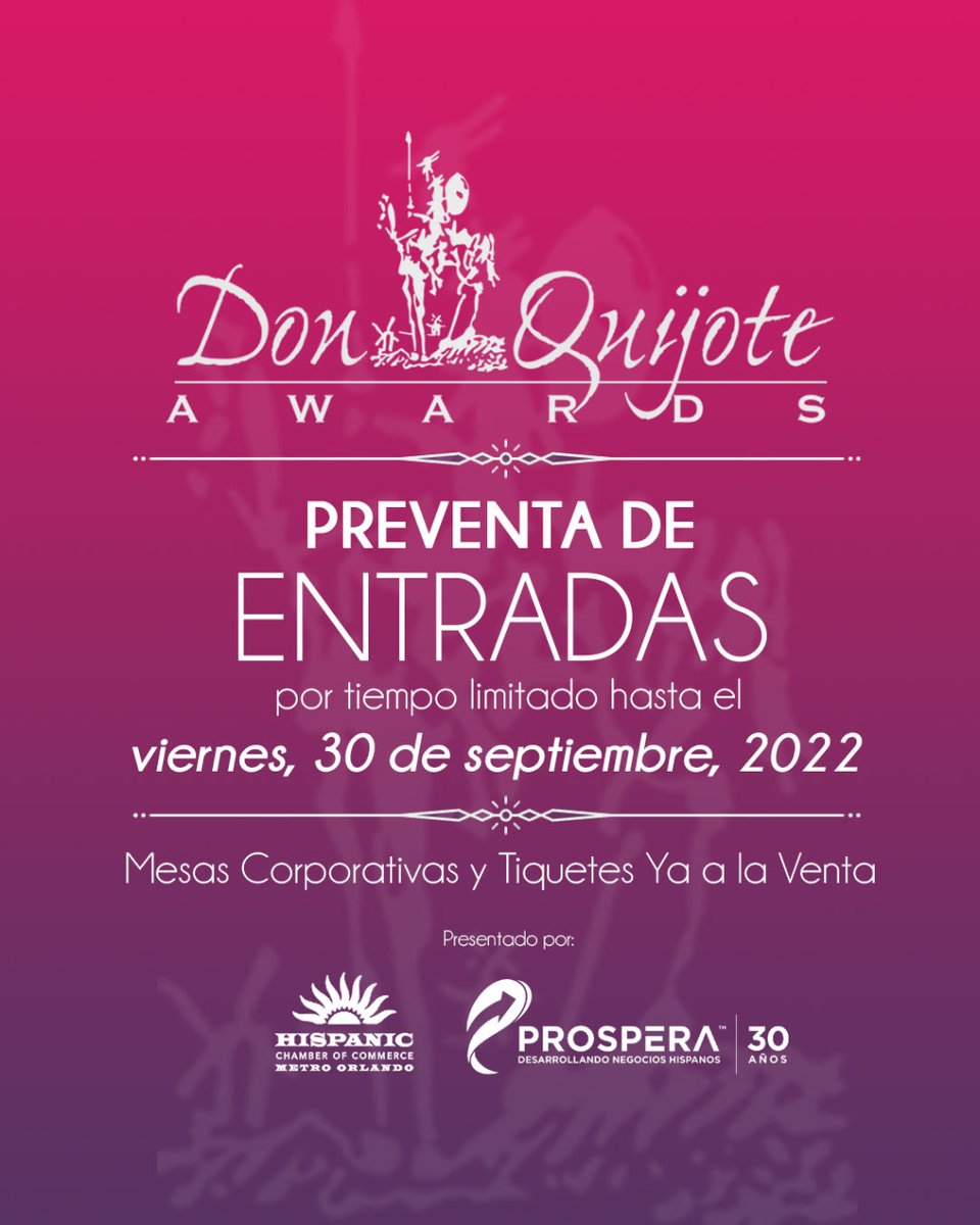 ¡La principal gala de premios de #Florida Central está a sólo unos meses de distancia! Y la venta de entradas está abierta! ☀️

#DonQuijoteAwards #hccmo #chamberofcommerce