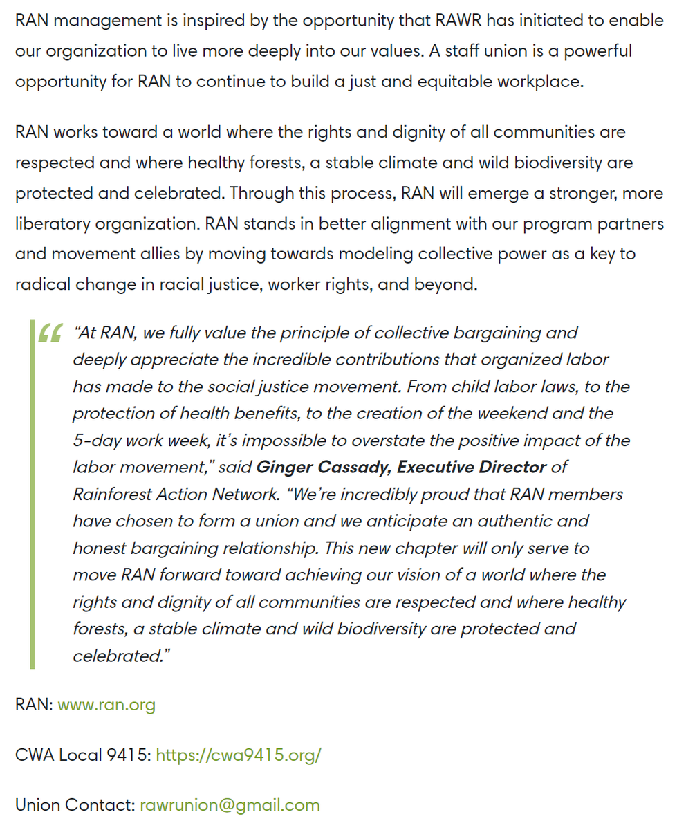 RAWR_Union's tweet photo. Workers at @RAN have unionized! We're thrilled to announce that Rainforest Action Network Alliance for Workers Rights (RAWR) has received voluntary recognition from RAN leadership! We'll be committed to building a just, sustainable, &amp; equitable workplace. https://t.co/thnYCdTQ2Q https://t.co/LnriNCZcLU