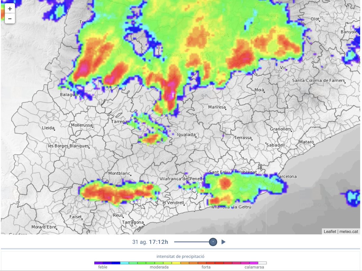 Tenim el pati ple de tempestes molt intenses!

Ara sí que sí, possiblement les més intenses del dia ⚠️

Molta alerta amb què hi ha al sud del Solsonès i l'Anoia pot portar pedra, amb el radar fa molt mala pinta.

#Projecte4Estacions