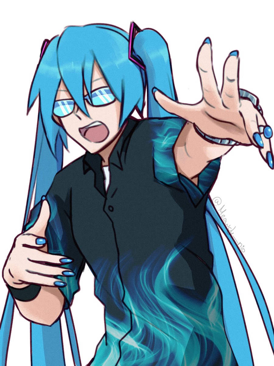 hatsune miku shirt twintails long hair solo open mouth black shirt sunglasses  illustration images