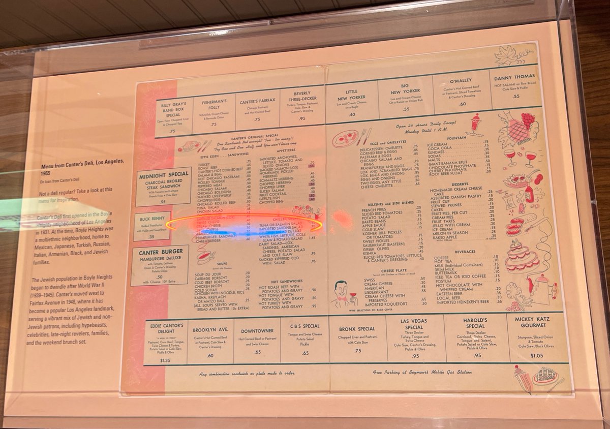 LAhistory's tweet photo. Recently visited the @Skirball_LA’s lovely exhibit “I’ll Have What She’s Having”, about the history of the Jewish delicatessen. Exhibit closes September 18: https://t.co/1EMKGLj86r 
- Neon sign from Drexler’s Deli 
- Uniform &amp; menu from @CantersDeli 
#JewishDeli #foodhistory https://t.co/IPWeNJgmZI
