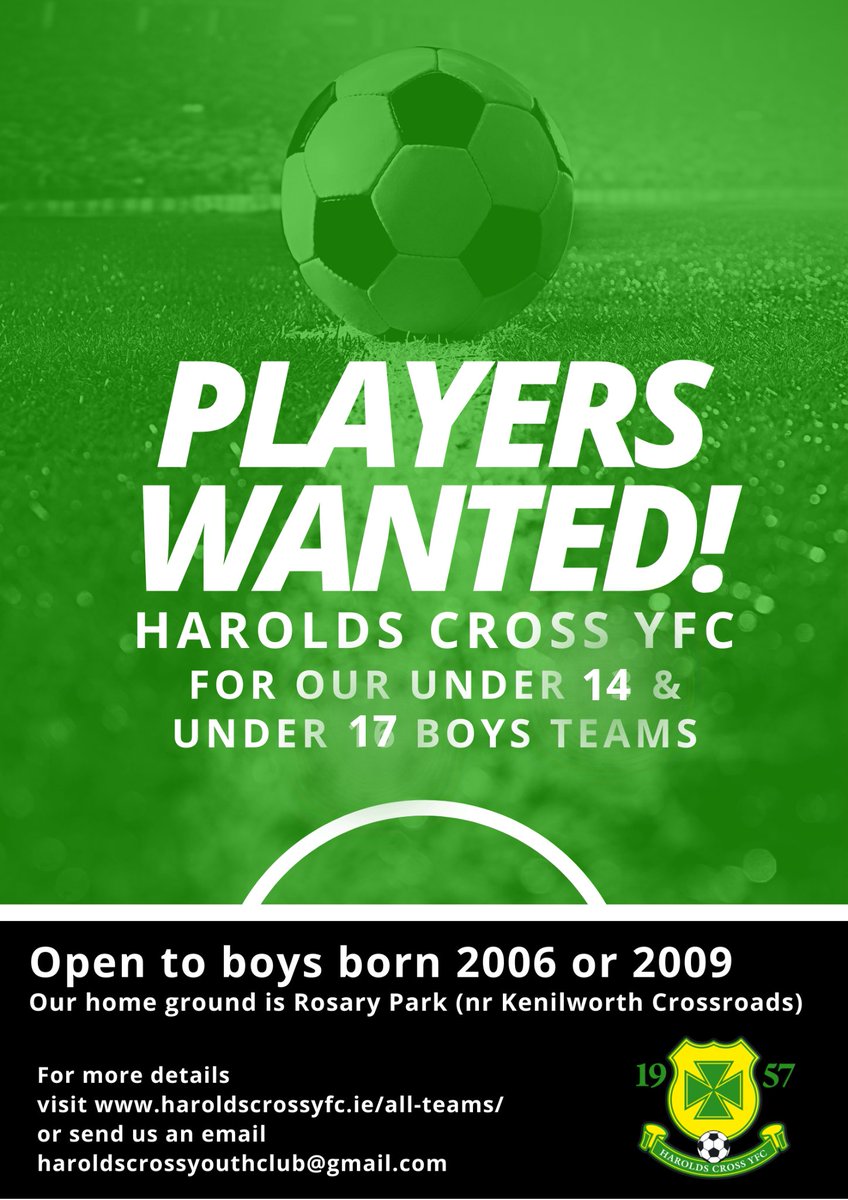 Harolds Cross YFC (@crossyfc) on Twitter photo Our club still has some space for new players in our U14s and U17s boys teams.
Register: haroldscrossyfc.ie/all-teams/
or send us an email: haroldscrossyouthclub@gmail.com Our club still has some space for new players in our U14s and U17s boys teams.
Register: haroldscrossyfc.ie/all-teams/
or send us an email: haroldscrossyouthclub@gmail.com