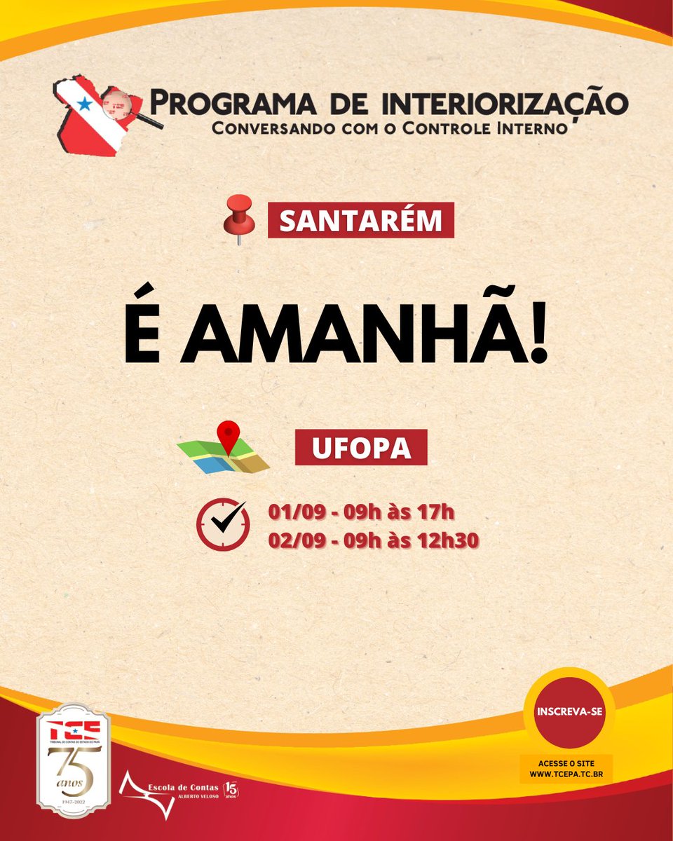 tcepadigital's tweet photo. ✔️ O #ProgramaDeInteriorização Conversando com o #ControleInterno começa amanhã (1/09) em #Santarém, no auditório da #Ufopa.
⏰️ A abertura é às 9 horas e ainda é possível fazer a inscrição no local do evento. Também será transmitido pelo canal do #TcePa no #YouTube. https://t.co/CmesmNDSUb