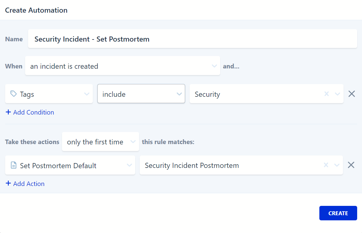 Kintaba's tweet photo. Our automation engine makes it easy to set your IR team up for success after the incident with postmortem defaults based on tags, severity levels, and even responders! https://t.co/9dLkLsJorn