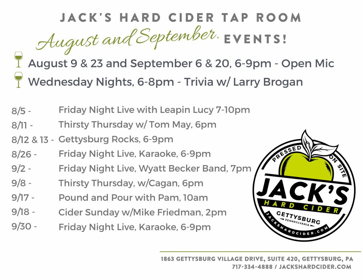 Tap Room events for September events here!  Will you be joining us at the Tap Room in Gettysburg on September 2 for the Wyatt Becker Band?