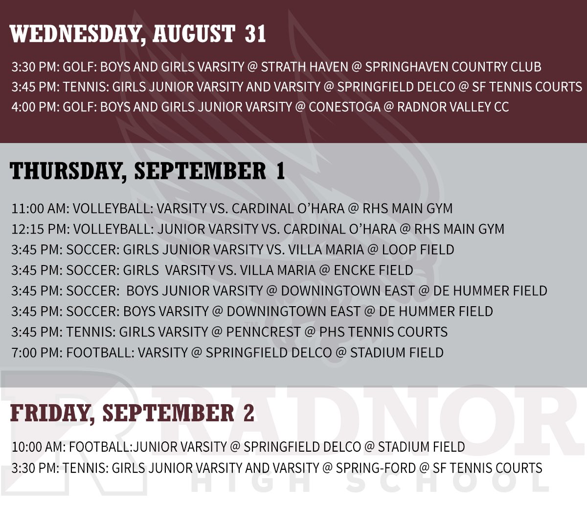 radnor_raptors's tweet image. Weekly sports schedules are back! Come out to support our athletes!