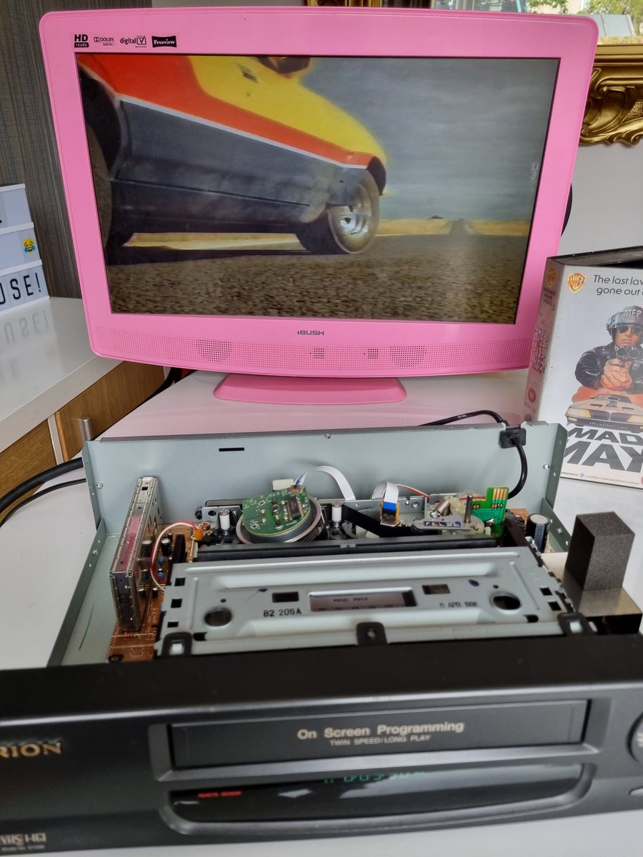 hairyhotdogs's tweet photo. Testing a new TV and giving the ol' VCR some TLC with a bit of Mad Max, Classssss. #Toecutter https://t.co/L4XhYFzOnG