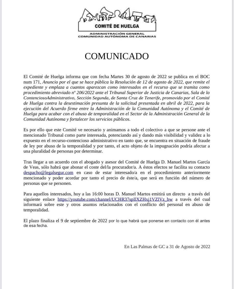 PEFRALCA's tweet photo. Comunicado del Comité de Huelga de la Administración Gral. sobre la Demanda de Ejecución del Acuerdo 23A #PermanenciaYa @avtorresp @julioperezsc @Manuel_Martnez @PodemosCanarias @asgomera @RomanRodWeb #JusticiaLaboral #CeroDespidos https://t.co/SmEh66afkI