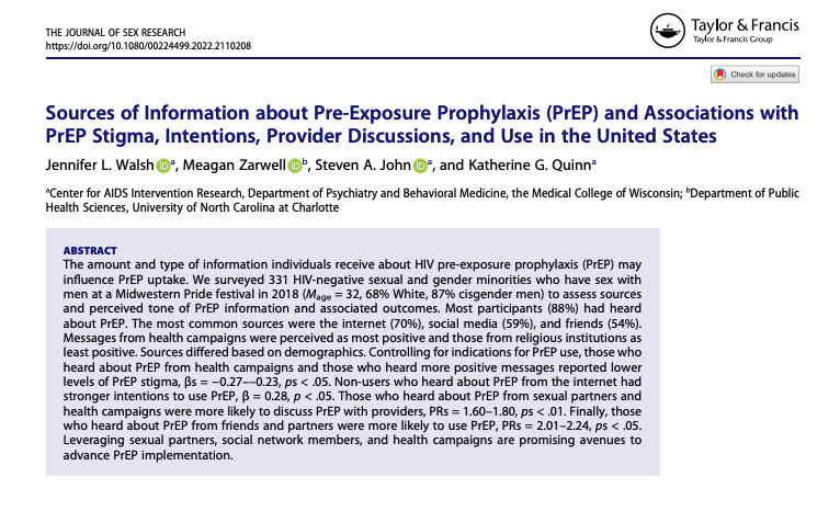 New paper out led by @DrJenWalsh in #JSexResearch @Sex_Science. 

Based on data collected here in Milwaukee, we found those who had heard about #HIV #PrEP from friends and partners were more likely to be currently on PrEP.

@mczarwell @kgmquinn 

tandfonline.com/doi/full/10.10…