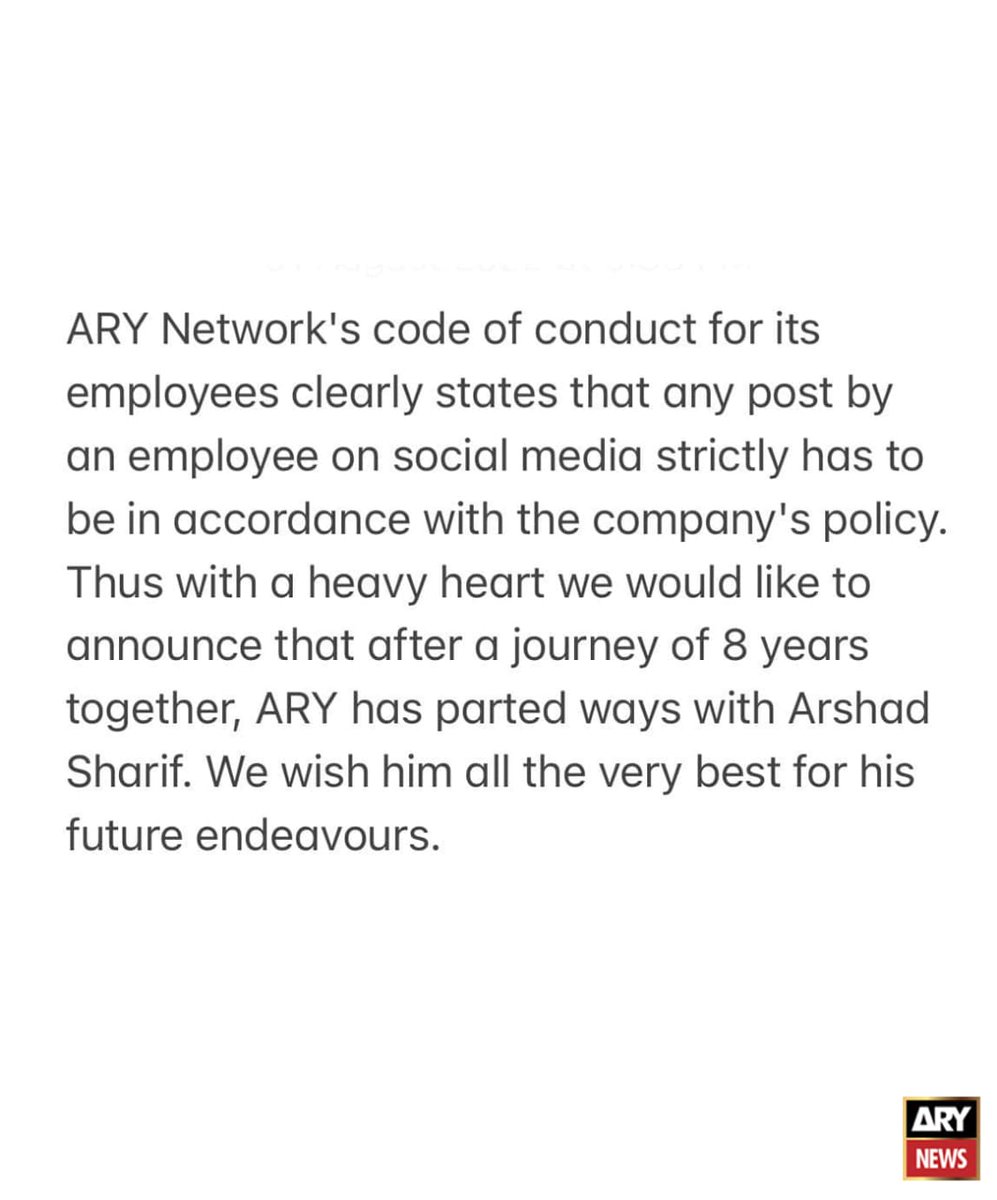 ARY fired senior Journalist Arshad Sharif <a href="/arsched/">Arshad Sharif</a>. No space for Press freedom in Pakistan and at end journalists become victims <a href="/pfujpakistan/">pfujpakistan</a>.