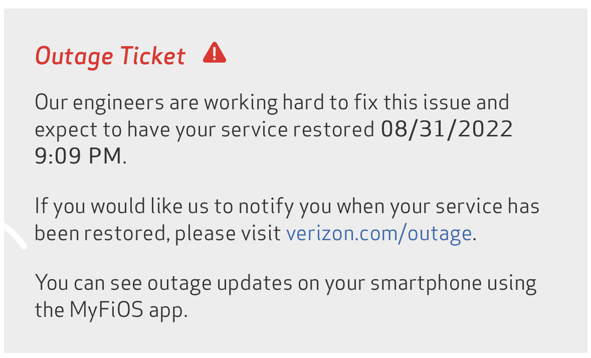 jchaike's tweet photo. I’m very curious what is going on here that there will be nearly a 24 hour @verizonfios outage in Brooklyn. It’s pretty absurd… https://t.co/zss4gPJBO0