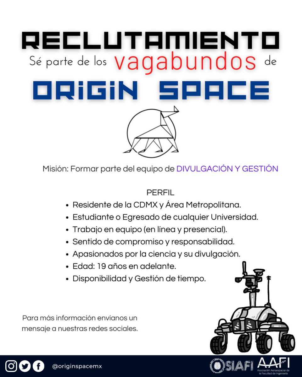OriginSpaceMX's tweet photo. 📣📣 R E C L U T A M I E N T O 📣📣

¡Tu hora ha llegado! Origin Space te está buscando 🔎⚠️✨

¿Aceptas la misión? ¡Esperamos tu solicitud! 🤓

➡️ Acá el formulario de registro: https://t.co/mc1hPU4Tku https://t.co/xBdzBRCUM7
