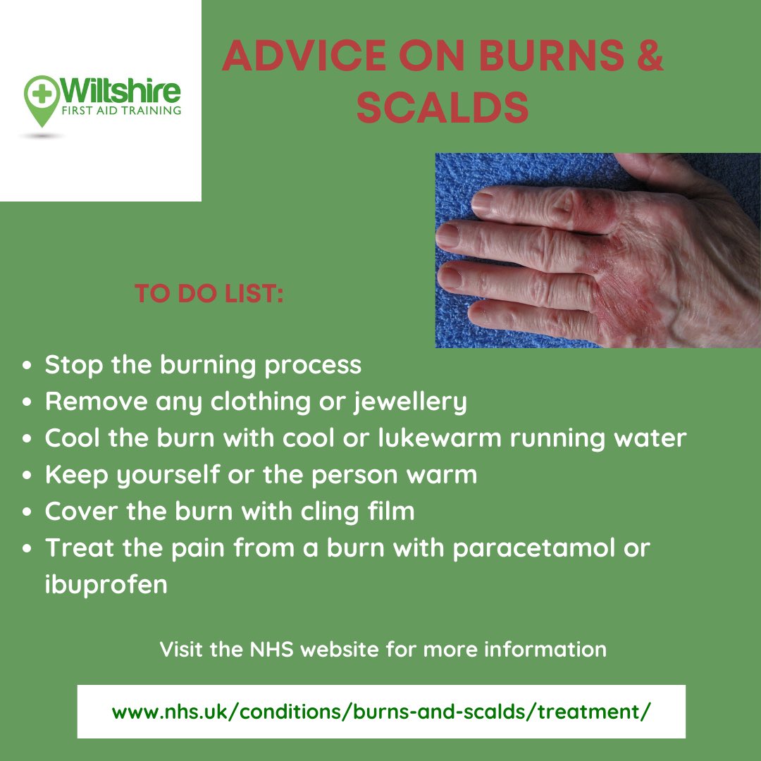 wiltfirstaid's tweet photo. Advice on burns & scalds โ read more here: https://t.co/shjXx9fdWi
ย
#wiltshirefirstaid #firstaidtraining #trainingcourses #safetycourses #training #courses #firstaidtrainer #traininginstructors #elearningcourses #workplacetraining #mentalhealth #mentalhealthtraining https://t.co/DhQlcMykpQ