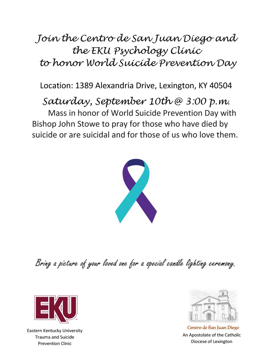 MelindaMoorePhD's tweet photo. Please join @PsyEku @EKUPsychology and @BpStowe  in this #WorldSuicidePreventionDay mass to pray for loved ones who have died by suicide or are suicidal and those of us who love them. @juliecerel #not6 @IASPinfo  @SanctuaryMH @Action_Alliance @CatholicNewsSvc https://t.co/m37tVFssY6