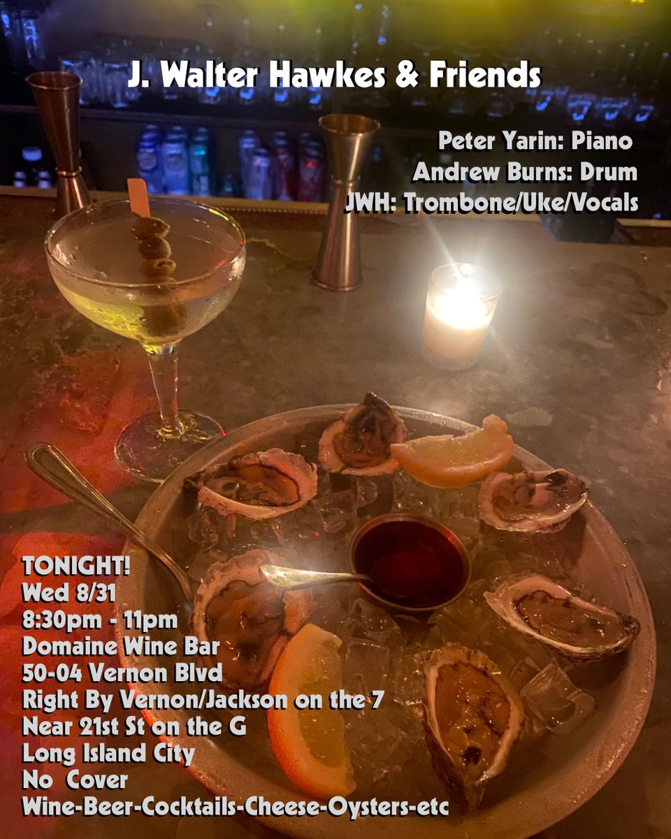Blatboy's tweet photo. Playing #trombone and #ukulele tonight with Peter Yarin on #piano andAndrew Burns on #snaredrum from 8:30-11 for your #wine #cheese and #oysters at Domaine Bar A Vins (50-04 Vernon Blvd in Long Island City, New York) #jazz #notelevision https://t.co/KI0fEAoZEF