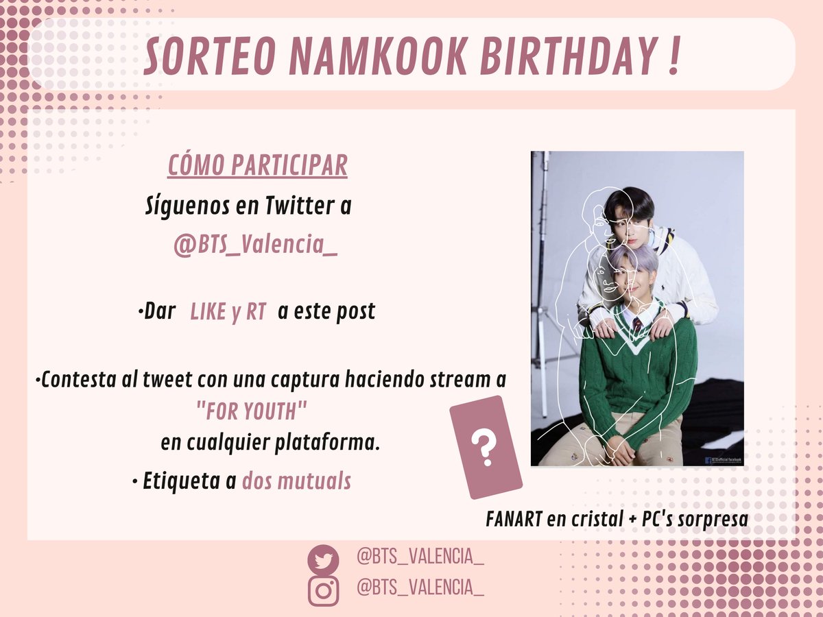 BTS_Valencia_'s tweet photo. ✨SORTEO✨

🎉 ARMY, os traemos un sorteo por el cumpleaños de #JK y #RM. Sigue los pasos que aparecen en las fotos para participar 👇🏼

📅Hasta el día 13 de Septiembre a las 12 P.M. Se anunciarán el ganador el 15 de Septiembre.

🔸Para toda la Península e Islas

@BTS_twt https://t.co/nTvbc8xa9p