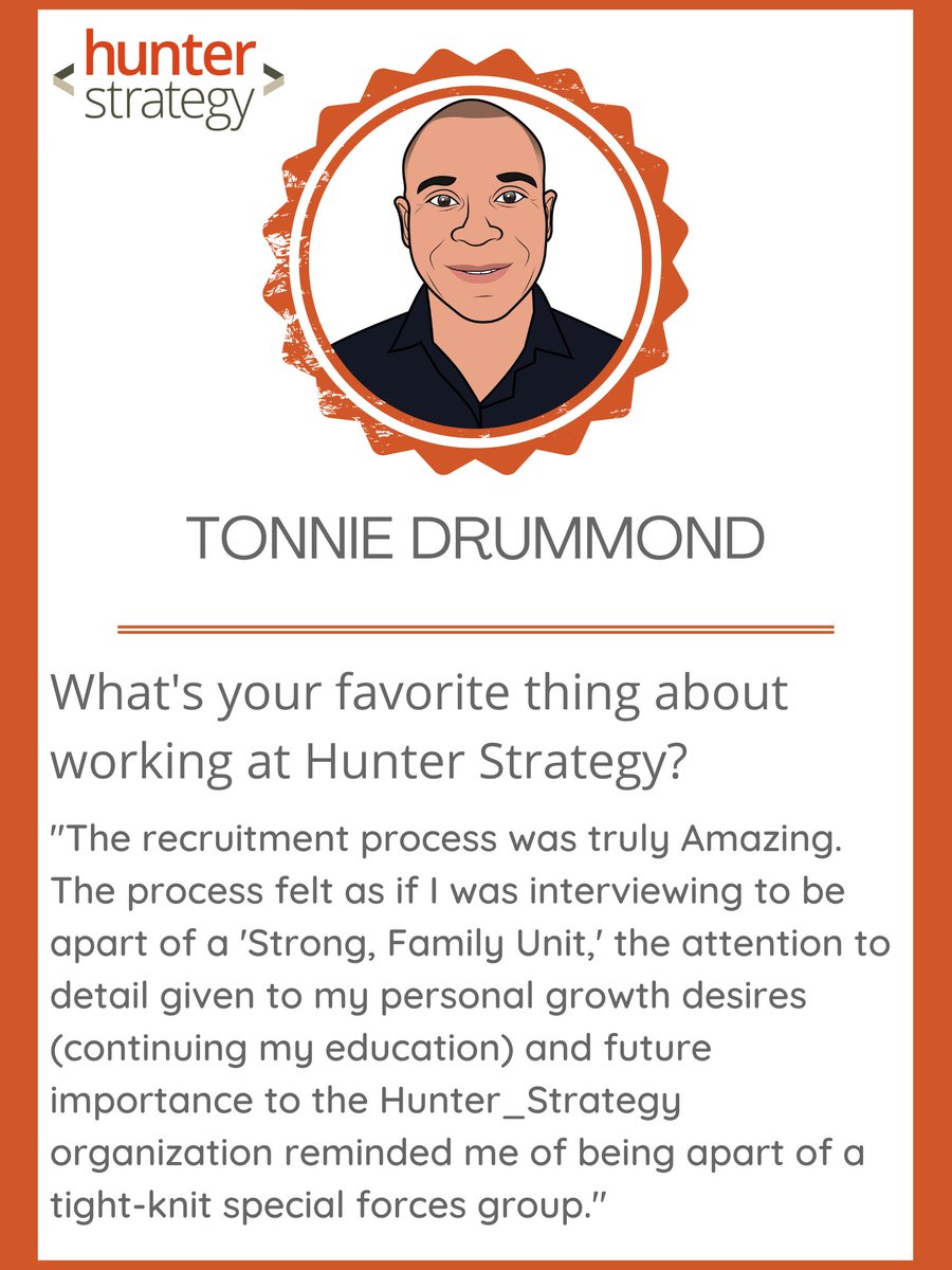 HunterStrategy's tweet photo. We want to give a shoutout to Tonnie Drummond for this week's employee spotlight!
He's an ICS Cyber Security Engineer at Hunter and we appreciate everything he does for us! Read below to learn more about him🧡
#cybersecurity #IT #hunterstrategy https://t.co/FHJlAgru1H
