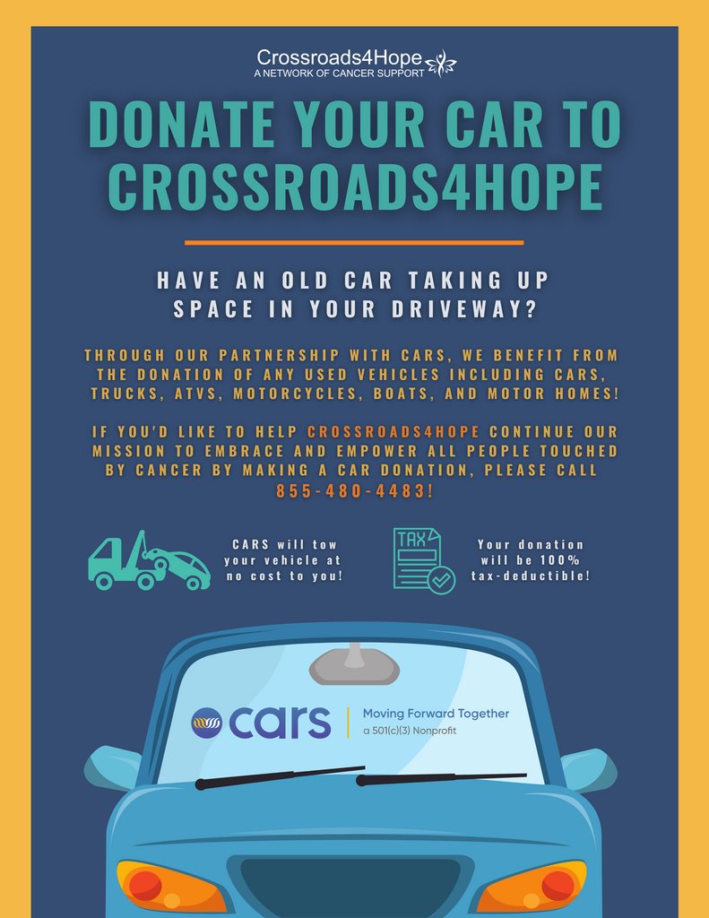 Donate any unwanted cars or vehicles to Crossroads4Hope today and you can help us continue our mission to embrace and empower all people touched by cancer! Call 855-480-4483 or visit crossroads4hope.org/donate for details.⁠