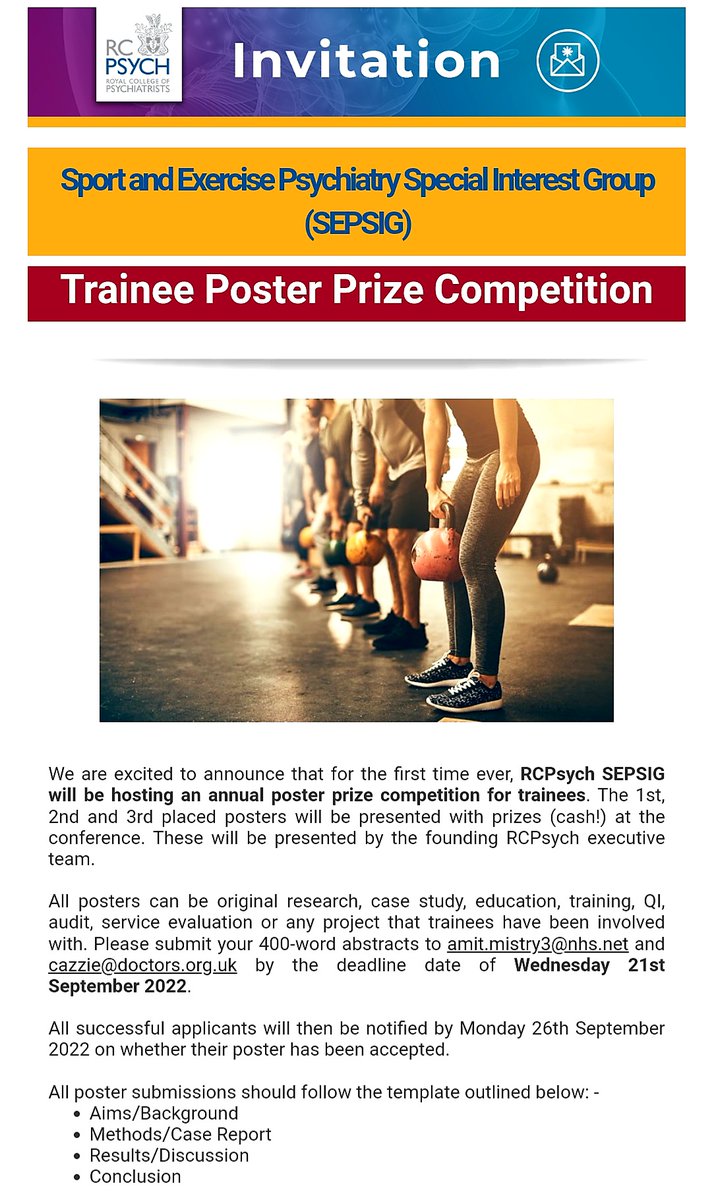 Calling all trainees! Fancy promoting your work at the 14/10/22 @rcpsych_SEPSIG #sepsig13 conference at @rcpsych HQ? We are excited to announce our 1st ever poster prize competition (🤑 prizes!). Check your emails and get submitting. Best of luck! 🤩🤩🤩 #sportspsychiatry