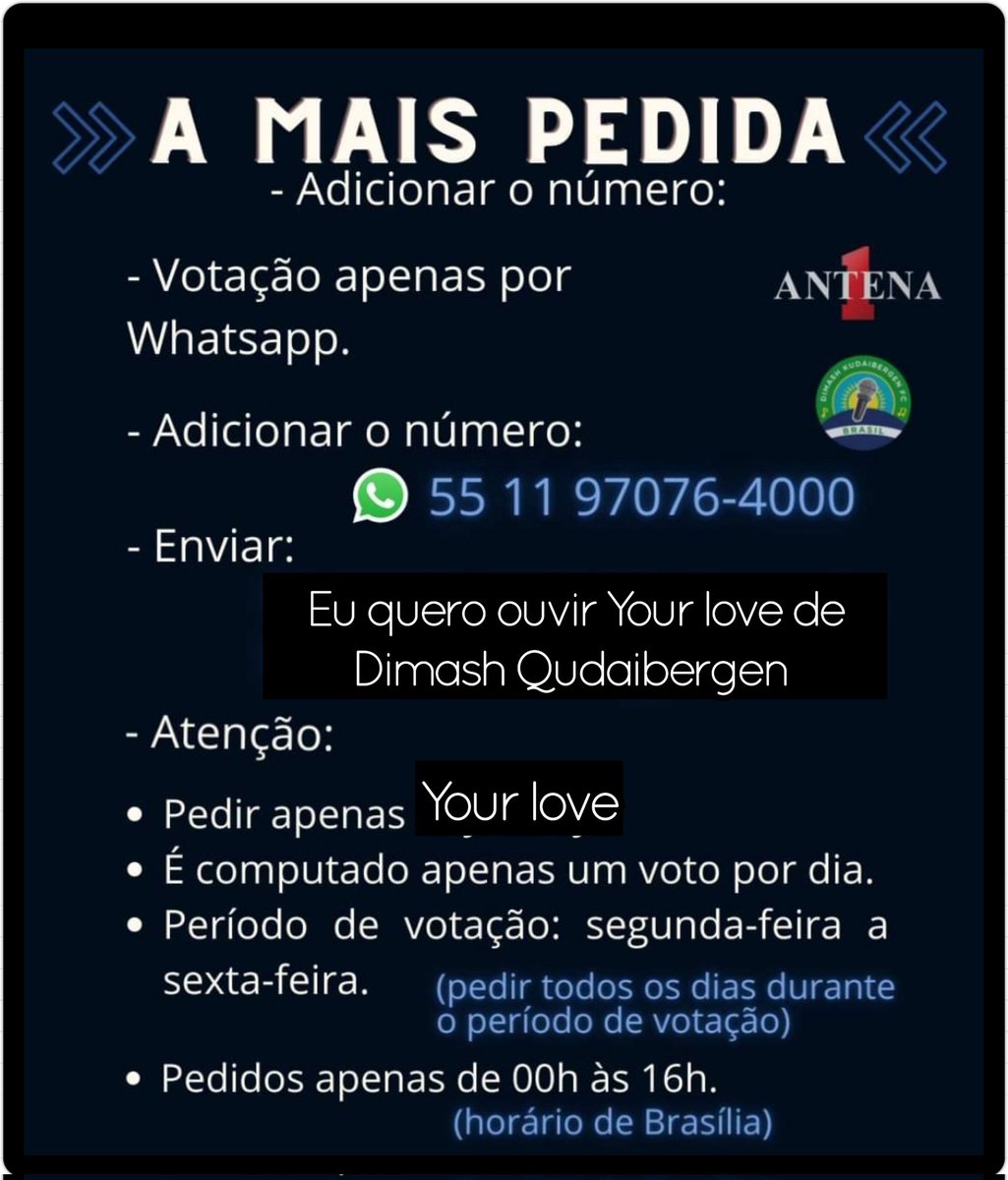 dimash_fcbrasil's tweet photo. Olá, Dears! Estamos tentando colocar uma música do Dimash para tocar na rádio Antena 1 FM. Então vamos todos pedir todos os dias "Dimash Qudaibergen - Your Love". Vamos pedir a mesma música. 
O número do Whatsapp da rádio está na foto abaixo.
@dimash_official #DimashQudaibergen https://t.co/0RtqyQry6l