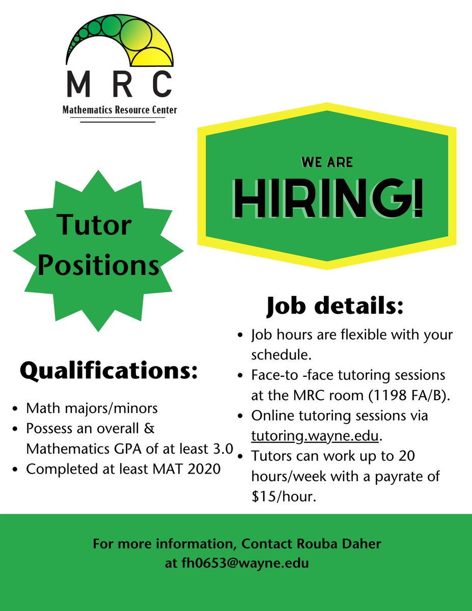 waynestatemath1's tweet photo. The MRC is looking for tutors. Please see the attached flyer for more information. https://t.co/w6y1tyAQ82