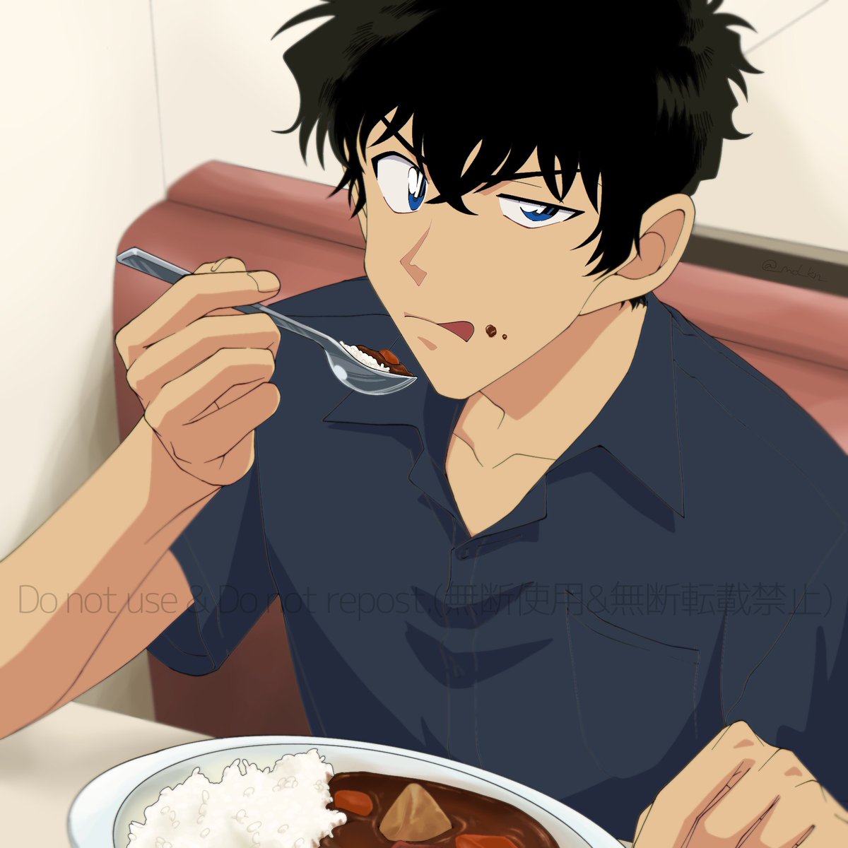 1boy male focus curry rice blue eyes solo food  illustration images