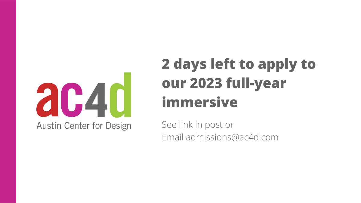 AC4D (@ac4d) on Twitter photo Two days left to apply to our full-year immersive program in interaction design and social entrepreneurship! Deadline is September 2. Apply here: loom.ly/y-74rLk or email admissions@ac4d.com. Two days left to apply to our full-year immersive program in interaction design and social entrepreneurship! Deadline is September 2. Apply here: loom.ly/y-74rLk or email admissions@ac4d.com.