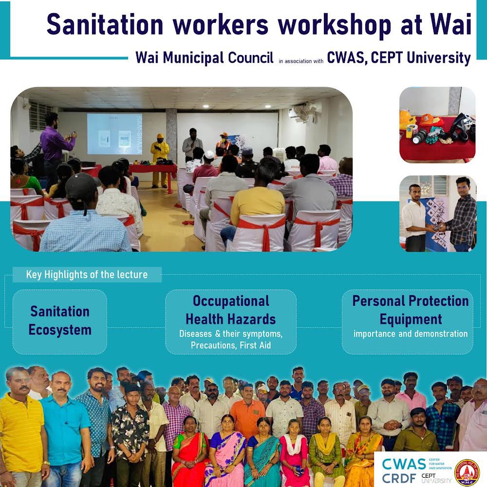 Center for Water and Sanitation (@cept_cwas) on Twitter photo <a href="/wai_council/">Wai municipal Council</a> organized a Sanitation Workers Workshop at Wai in association with CWAS, <a href="/CEPTUniversity1/">CEPT University</a> focusing on Sanitation Ecosystem, PPE usage and occupational health hazards.
#safaimitraSurakshaChallange
<a href="/mehta_pani/">Meera Mehta</a> <a href="/DineshMehta100/">Dinesh Mehta</a> <a href="/ArwaBharmal/">Arwa</a> <a href="/CeptResearch/">CEPT Research & Development Foundation</a> <a href="/SwachhMaha/">Swachh Maharashtra</a> <a href="/wai_council/">Wai municipal Council</a> organized a Sanitation Workers Workshop at Wai in association with CWAS, <a href="/CEPTUniversity1/">CEPT University</a> focusing on Sanitation Ecosystem, PPE usage and occupational health hazards.
#safaimitraSurakshaChallange
<a href="/mehta_pani/">Meera Mehta</a> <a href="/DineshMehta100/">Dinesh Mehta</a> <a href="/ArwaBharmal/">Arwa</a> <a href="/CeptResearch/">CEPT Research & Development Foundation</a> <a href="/SwachhMaha/">Swachh Maharashtra</a>