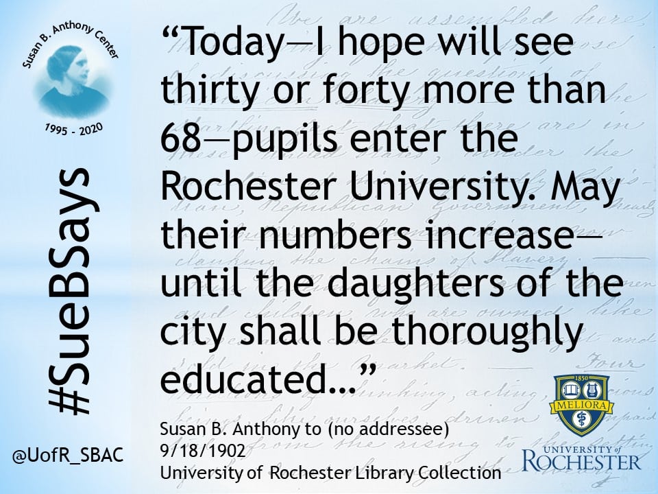 UofR_SBAC's tweet photo. Happy first day of classes to all University of Rochester students! A big thanks to Susan B. Anthony for her tireless work in helping women be first admitted to the University in 1900.
#URDiversity #SueBSays https://t.co/hq0MdnbRJ2