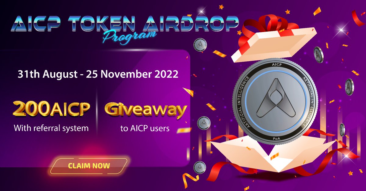 Giveaway Airdrop

🚀 Airdrop:  AICPrime
💰 Value: 200 $AICP
👥 Referral: 10 $AICP
📅 End Date: 25th November, 2022

Talk with the Telegram Bot
t.me/AICPrimeAirdro…

Like + RT + Follow 
#AICPrime
#Airdrops 
#Airdrop