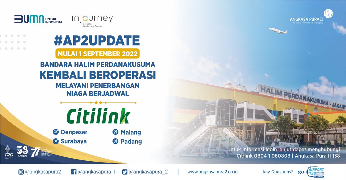 INJairports's tweet photo. #AP2Update
Mulai 1 September 2022, Bandara @HLP_AP2 kembali beroperasi melayani penerbangan niaga berjadwal.
Kuy kita let's go! Siapkan jadwal travelingmu #AP2Friends 😎🏝
#AngkasaPuraII
#Injourney
#BUMNuntukIndonesia https://t.co/xgxKjR2oYZ